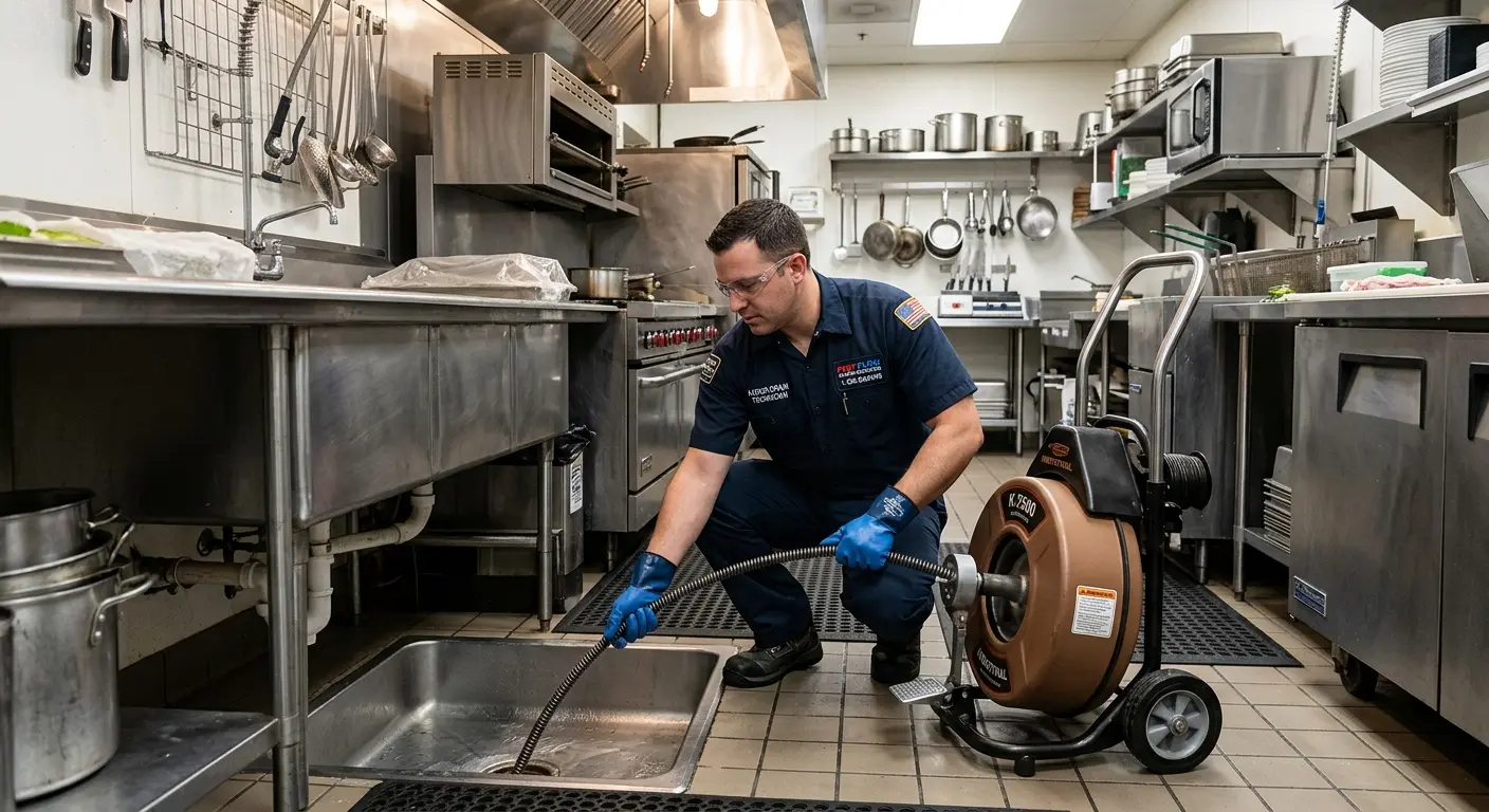 Commercial drain cleaning service in a restaurant kitchen in Thousand Palms