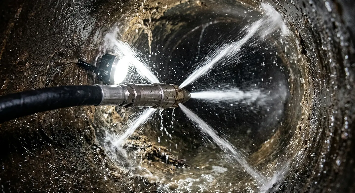 High-pressure hydro jetting nozzle cleaning sewer pipe for Storm Drain Cleaning in Thousand Palms