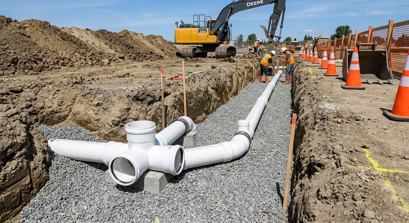 New PVC sewer pipe installation in open trench for Sewer Backup in Thousand Palms