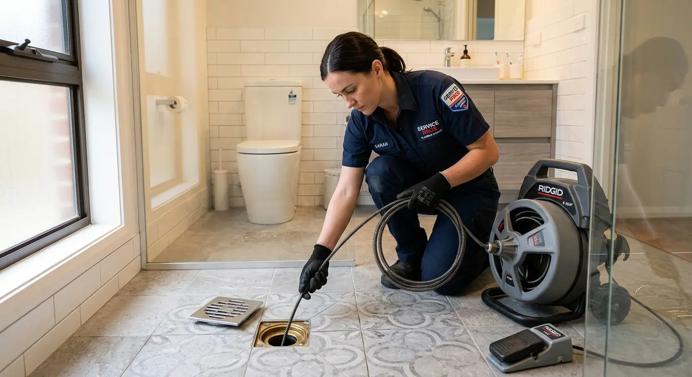 Technician clearing a bathroom floor drain for Drain Cleaning in Thousand Palms